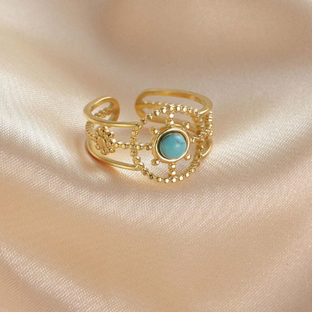 bulk waterproof chic eternity stainless steel gemstone paved turquoise 14k gold plated finger ring jewelry open cuff rings