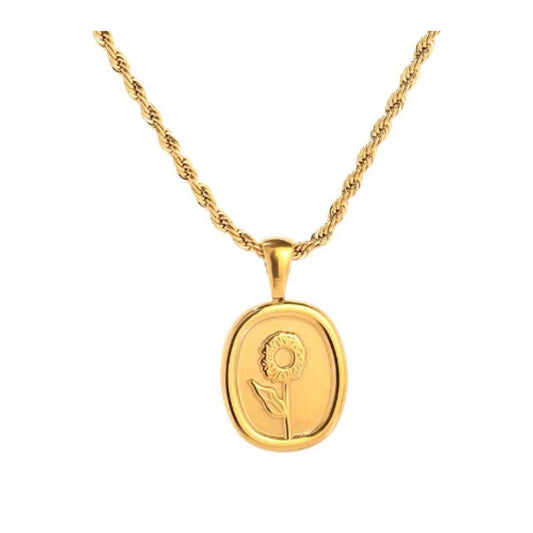 stainless steel sunflower pendant necklace oval pendant gold color chain length: 40+5cm