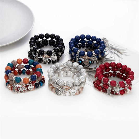 handmade 3pcs a set natural crystal gem stones jewelery bangle bracelets with elephant love angel hanging charm bracelet jewelry