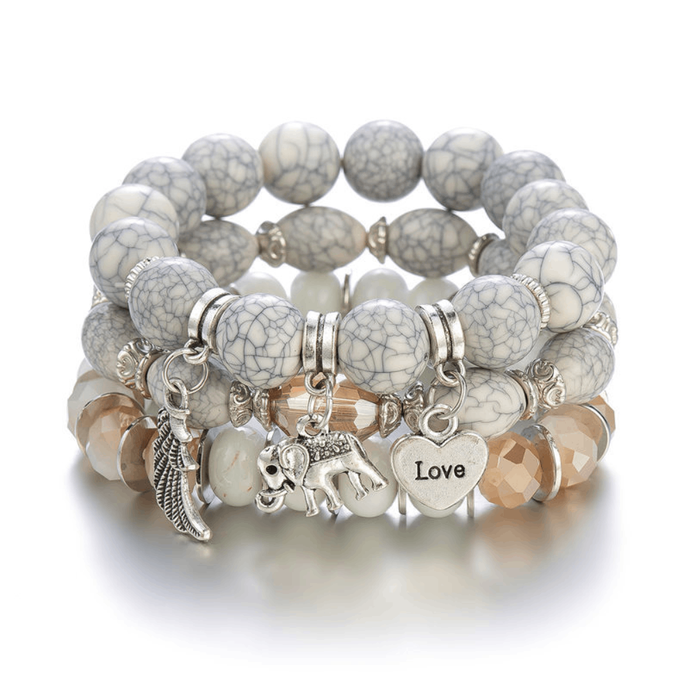 handmade 3pcs a set natural crystal gem stones jewelery bangle bracelets with elephant love angel hanging charm bracelet jewelry