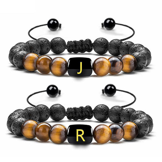 black lava rock tiger eye gemstone bead initial letter alphabet charm bracelet handmade bracelet men China supplier manufacturer