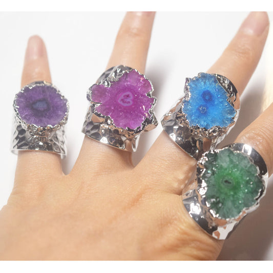 punk classic unique silver metal big natural real agate sugar druzy agatgemstone ring finger rings adjustable jewelry unisex