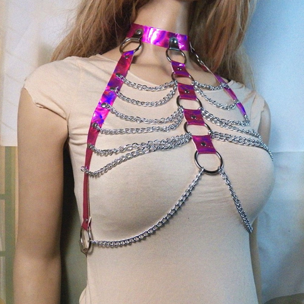 bright color sexy body cage bondage bra crop top drape chain harness jewelry for night club