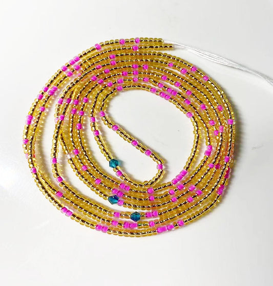 50 inch glass seed beads blue crystal beads tie on gold waist beads belly body chain with clasp double cotton string for ladies