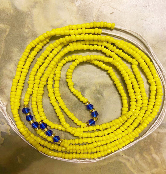 yellow glass seed beads blue crystal bead tie on waist beads belly body chain with clasp double cotton string for ladies